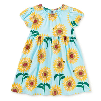 Puff Sleeve Empire Dress, Painted Sunflowers