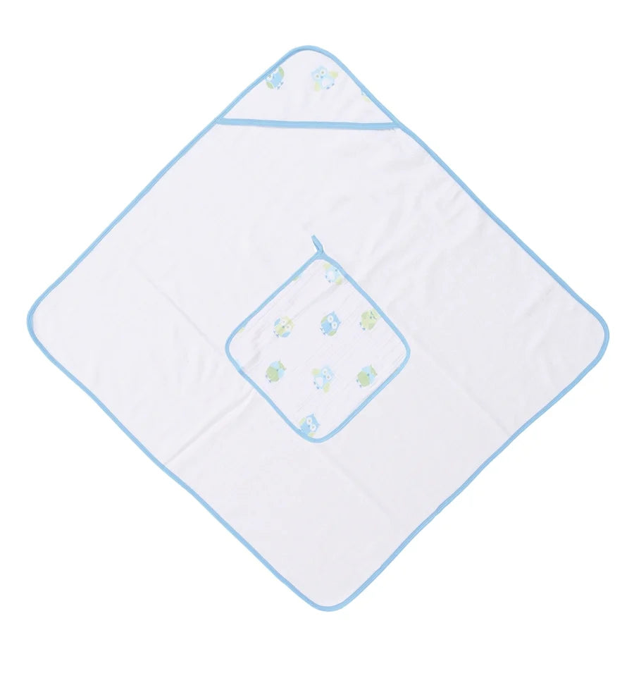 Muslin Hooded Towel & Washcloth - Owl Boy