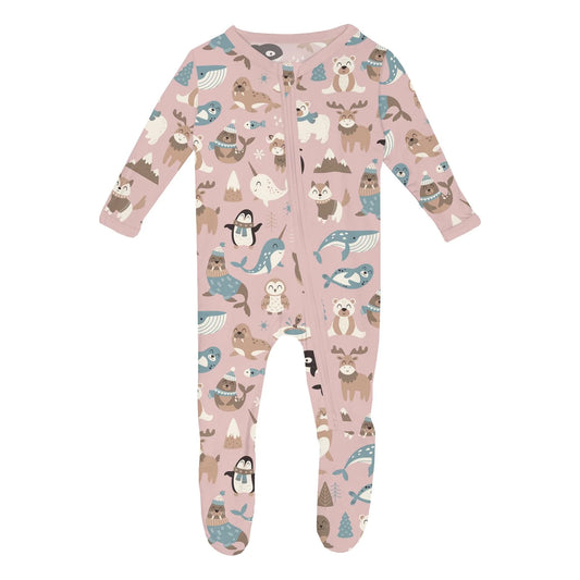 Print Footie with 2 Way Zipper - Baby Rose Arctic Animals