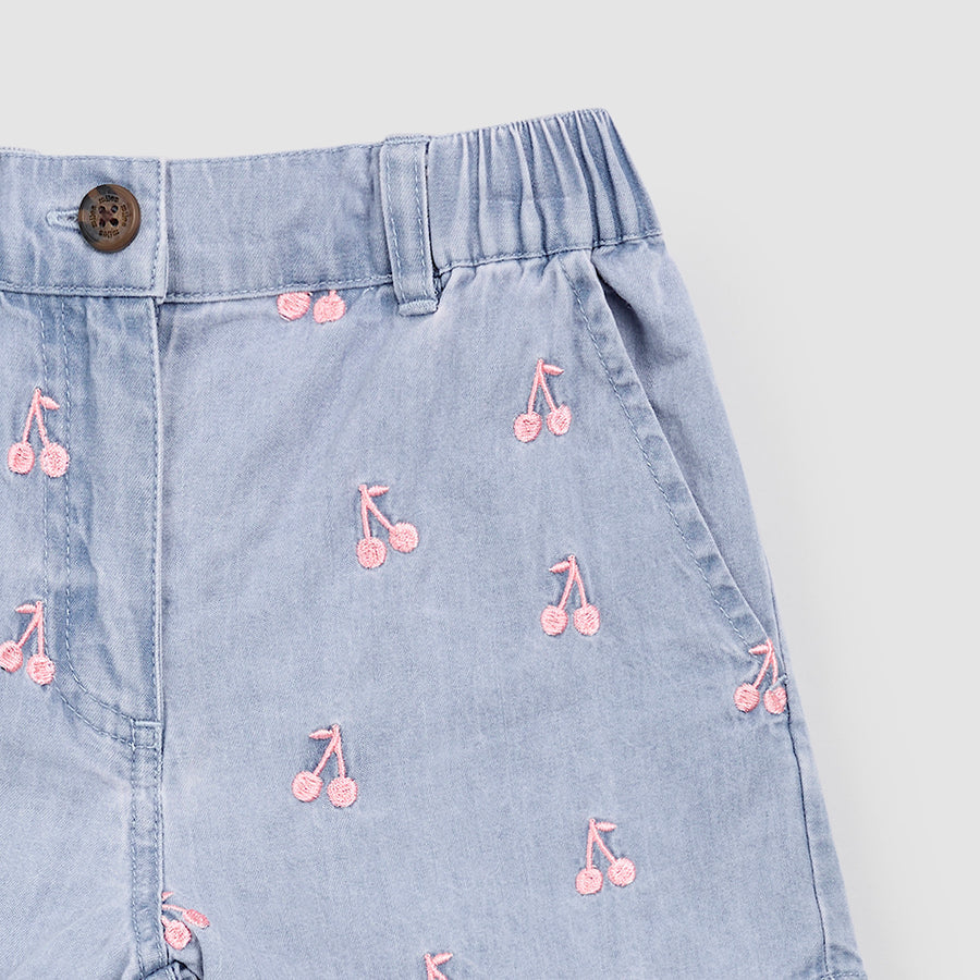 Cherries Embroidery On Chambray Shorts