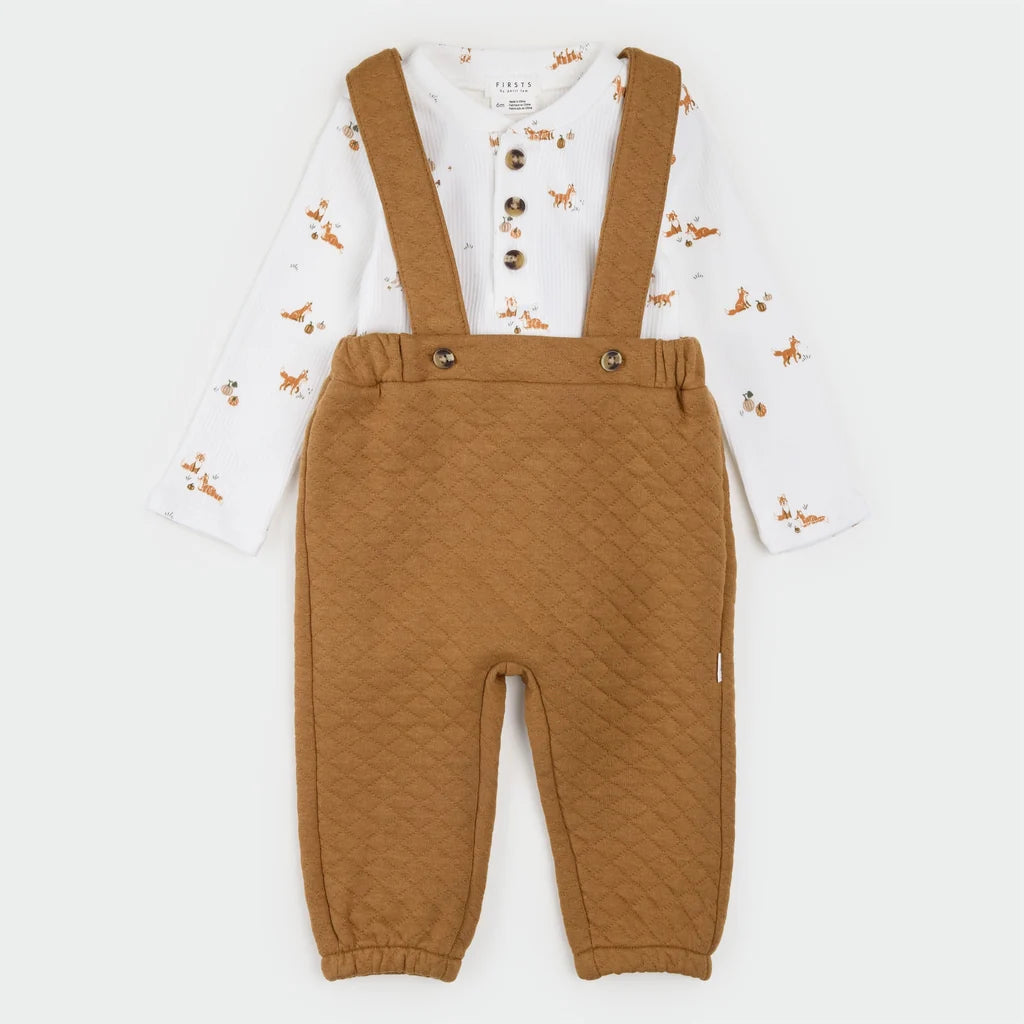 Fox Kit Print Amber Quilted Overall Set