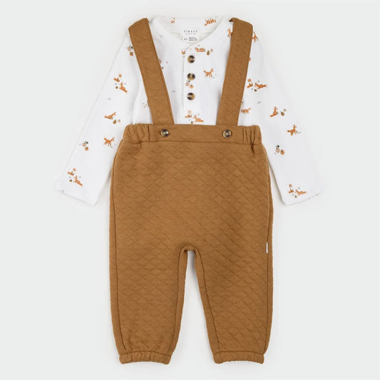 Fox Kit Print Amber Quilted Overall Set