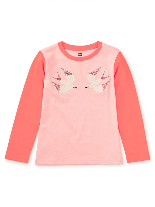 Embroidered Magpies Blocked Tee-Cherry Blossom