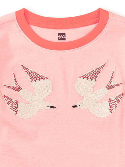 Embroidered Magpies Blocked Tee-Cherry Blossom