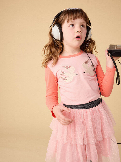 Embroidered Magpies Blocked Tee-Cherry Blossom