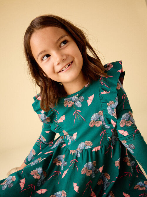 Ruffle Shoulder Ballet Dress-Floral & Butterfly Bouquet