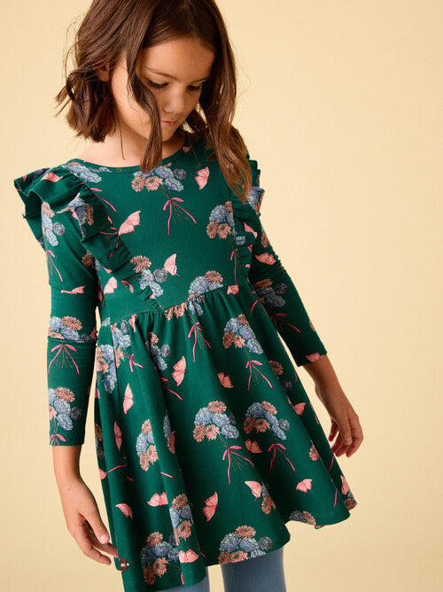 Ruffle Shoulder Ballet Dress-Floral & Butterfly Bouquet