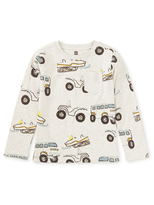 Long Sleeve Printed Pocket Tee - Snow vehicle