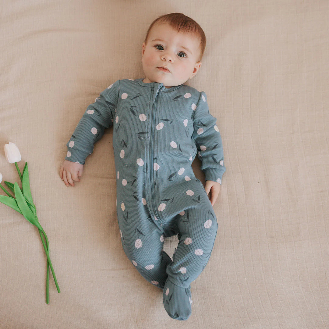 Tulips Print On Sea Blue Ribbed Sleeper
