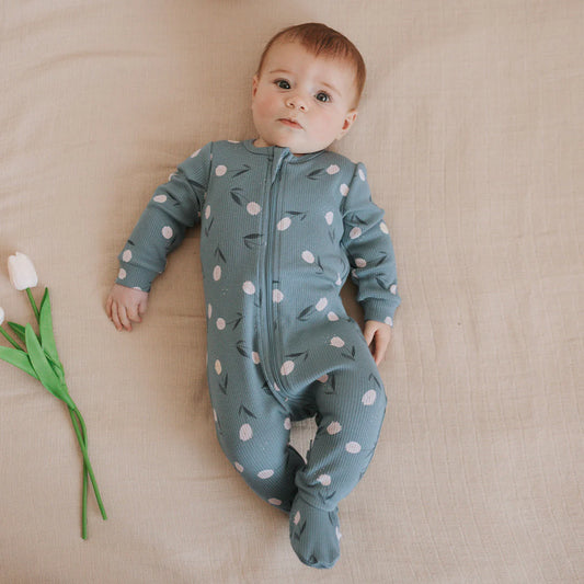Tulips Print On Sea Blue Ribbed Sleeper
