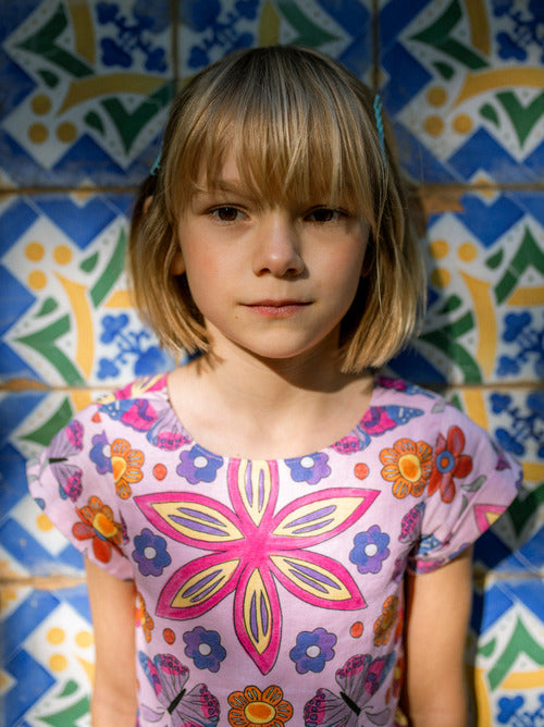Button Back Skirted Dress - Butterfly Tile