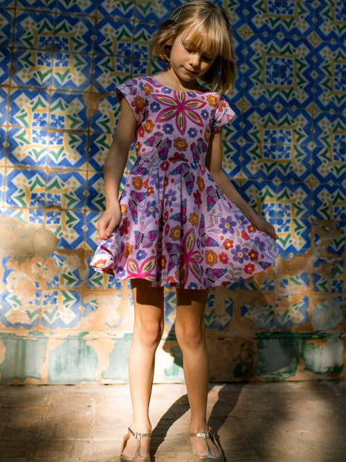 Button Back Skirted Dress - Butterfly Tile