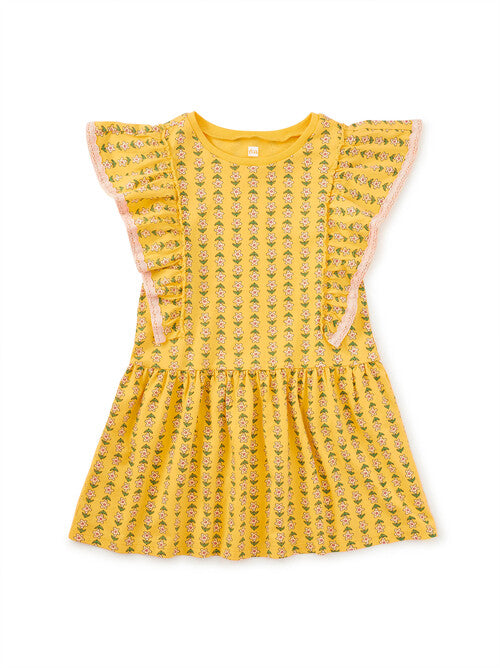 Crochet Trim Ruffle Dress - Vintage Floral Tile