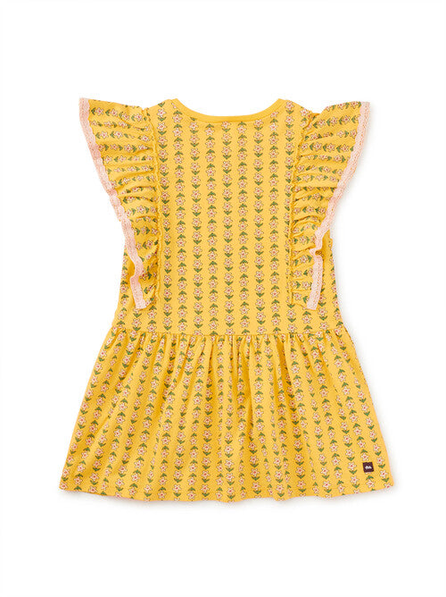 Crochet Trim Ruffle Dress - Vintage Floral Tile
