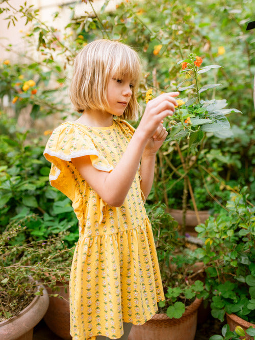 Crochet Trim Ruffle Dress - Vintage Floral Tile