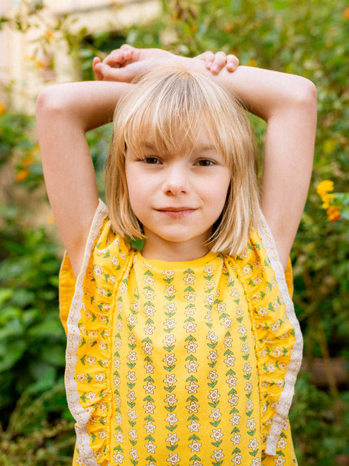 Crochet Trim Ruffle Dress - Vintage Floral Tile