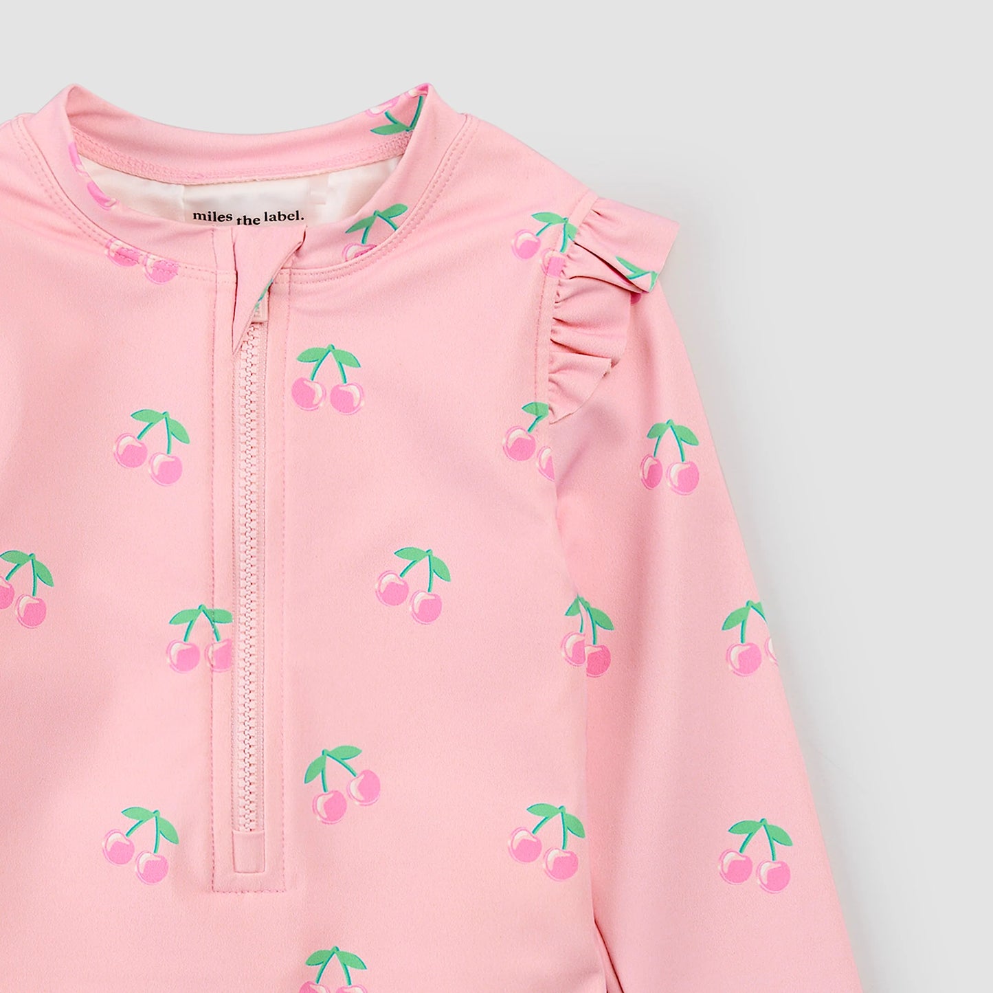 Cherries Print On Light Pink Long-Sleeve Baby Swimsuit