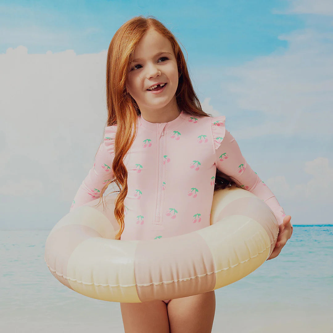 Cherries Print On Light Pink Long-Sleeve Toddler Swimsuit