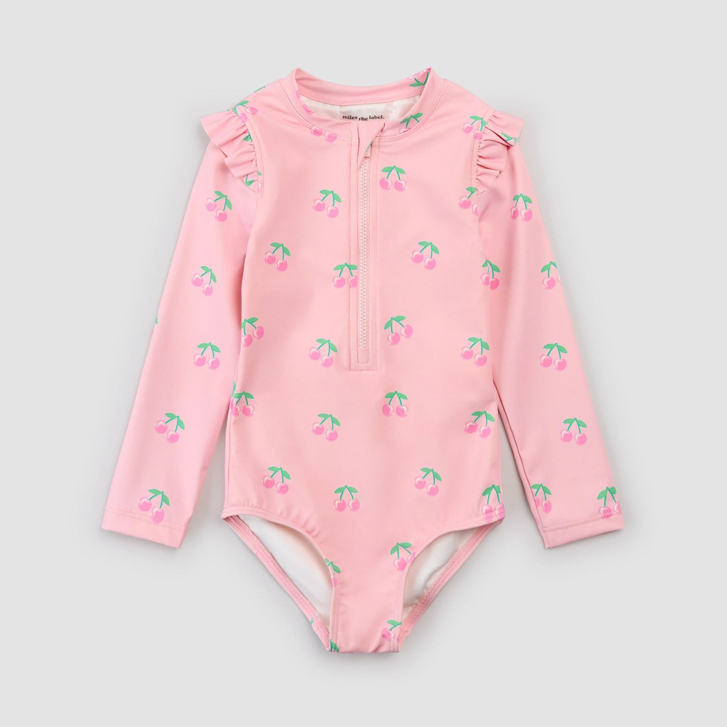 Cherries Print On Light Pink Long-Sleeve Baby Swimsuit