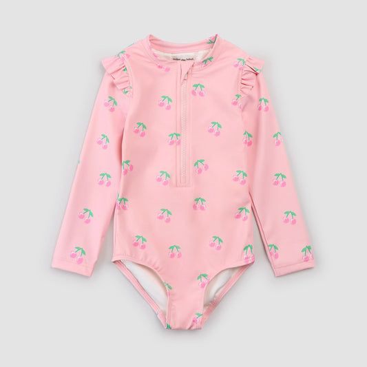 Cherries Print On Light Pink Long-Sleeve Baby Swimsuit