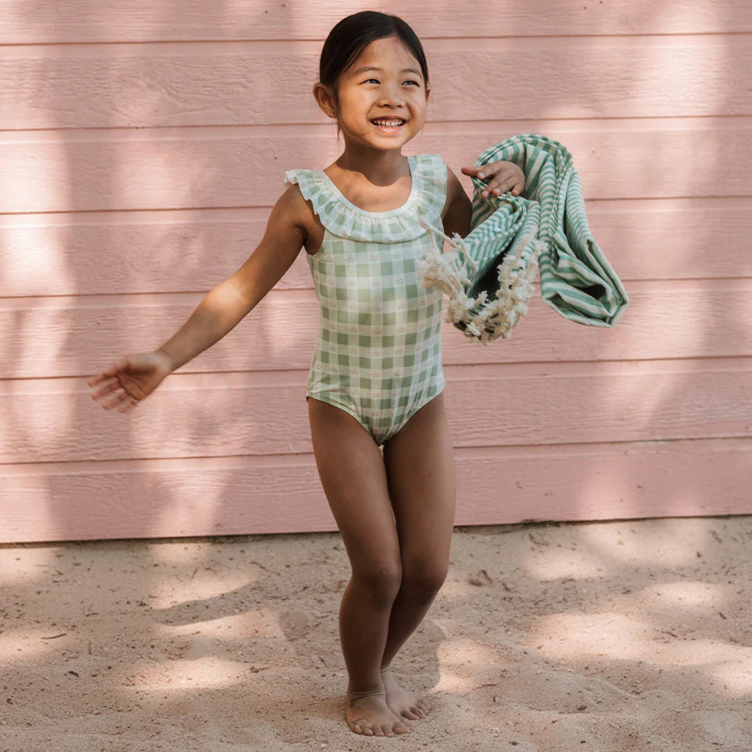 Flowers On Green Gingham Print Swimsuit