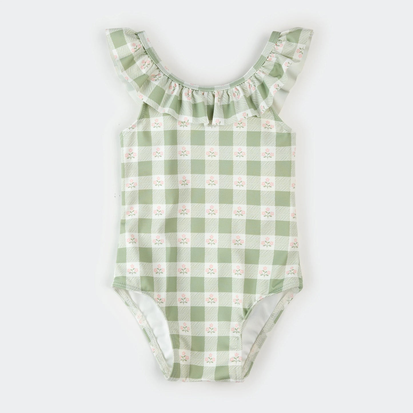 Flowers On Green Gingham Print Swimsuit
