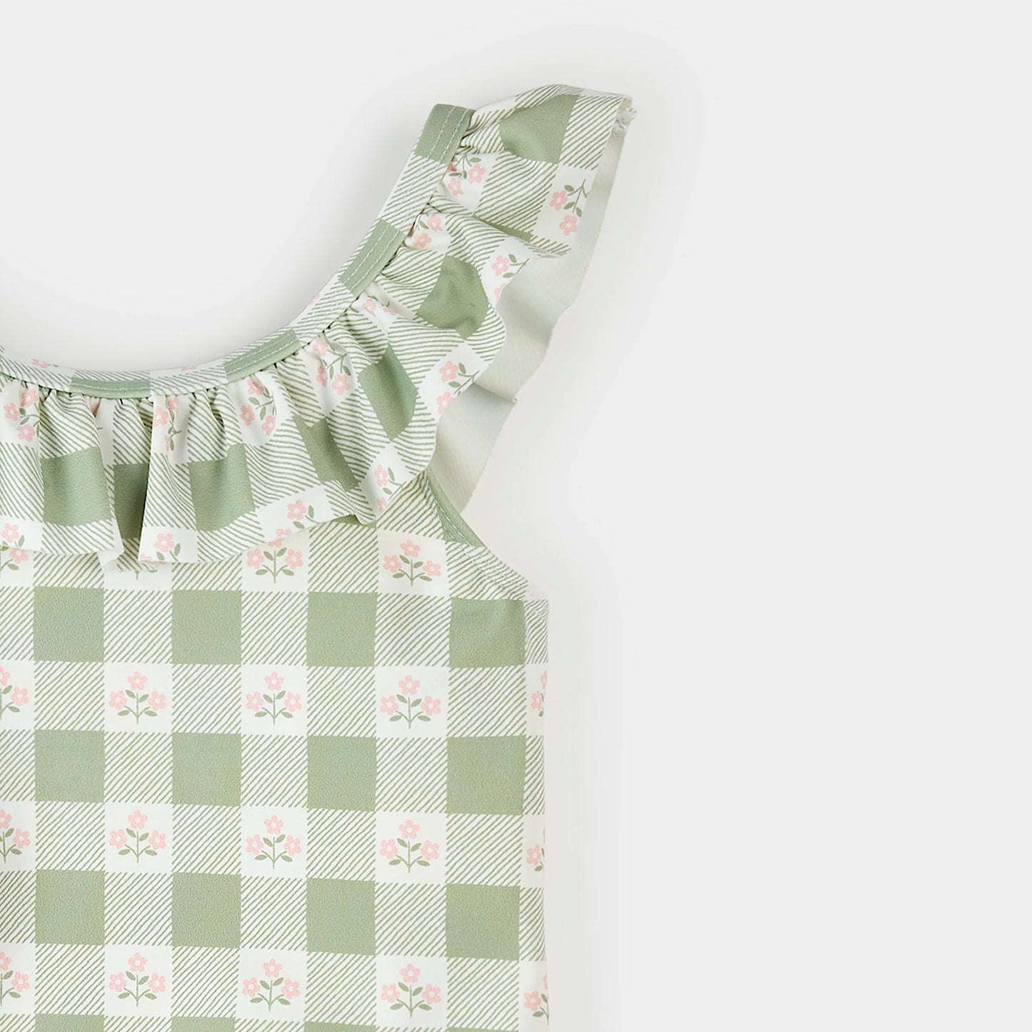 Flowers On Green Gingham Print Swimsuit