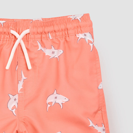 Sharks Print On Coral Swim Trunks