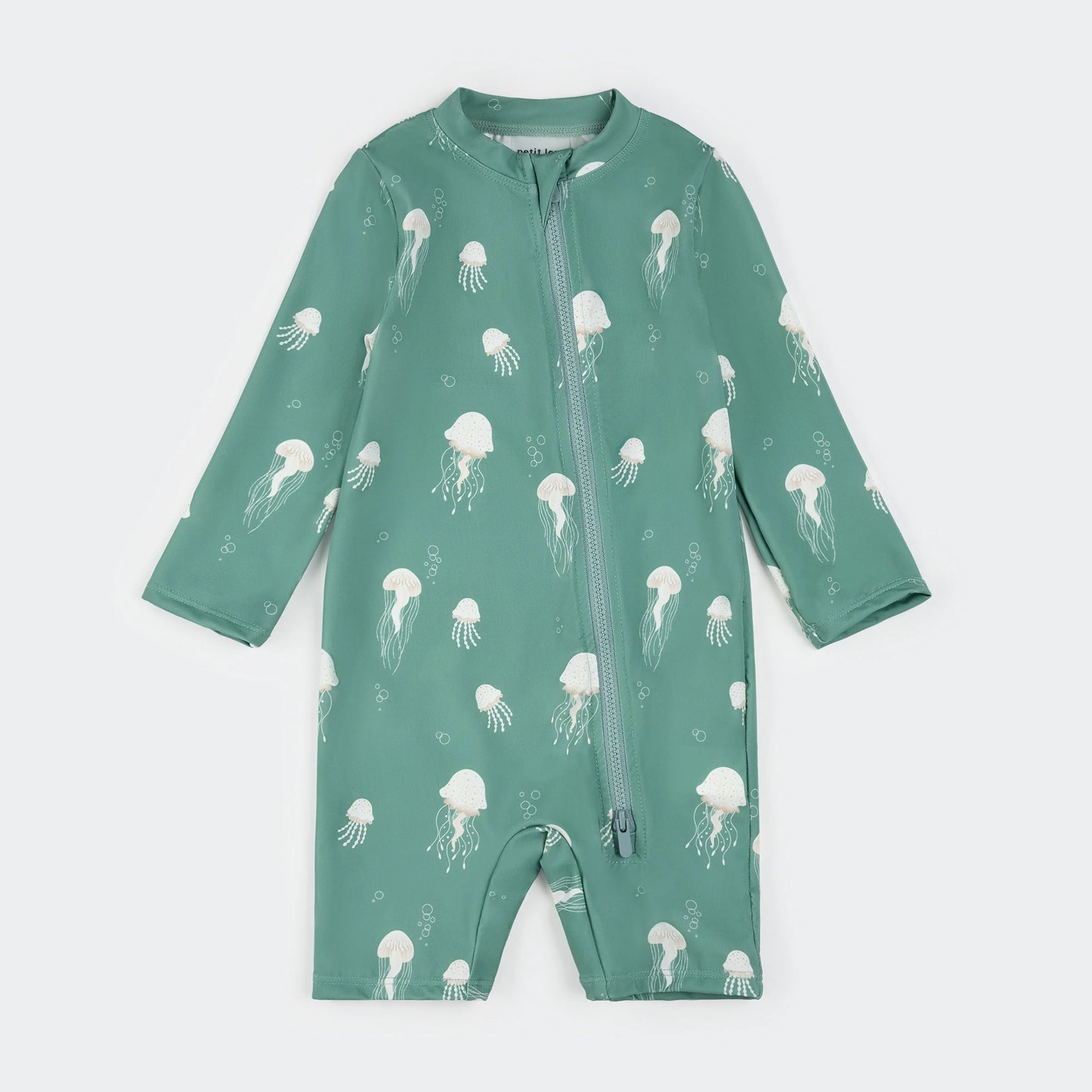 Jellyfish Print On Turquoise Long-Sleeve Swim Romper