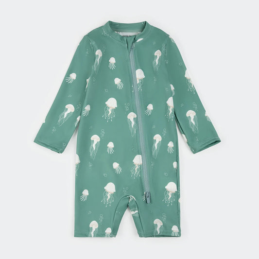 Jellyfish Print On Turquoise Long-Sleeve Swim Romper