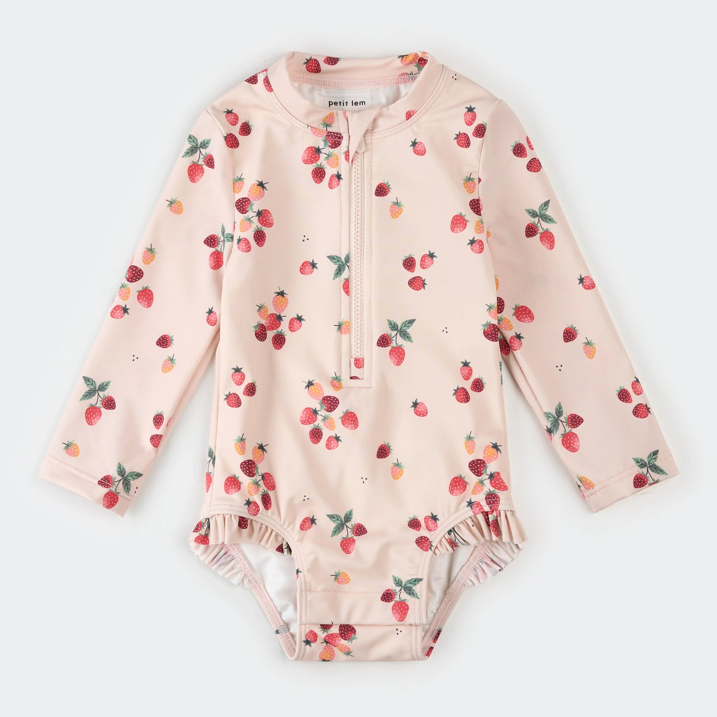 Strawberries On Light Pink Long-Sleeve One-Piece Baby Swimsuit