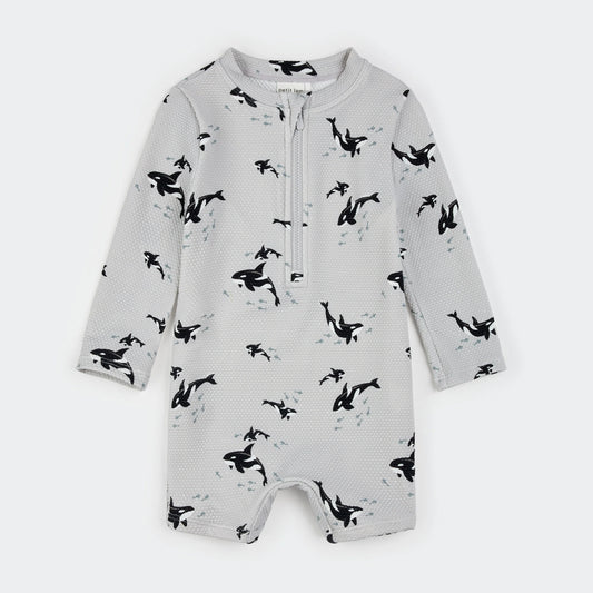 Orcas Print On Grey Swim Romper