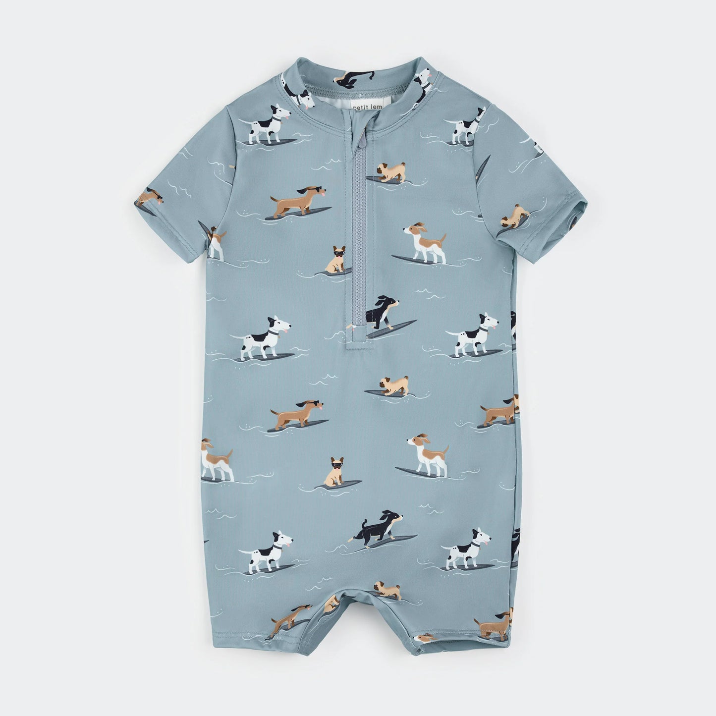 Surfing Pups Print On Blue Swim Romper