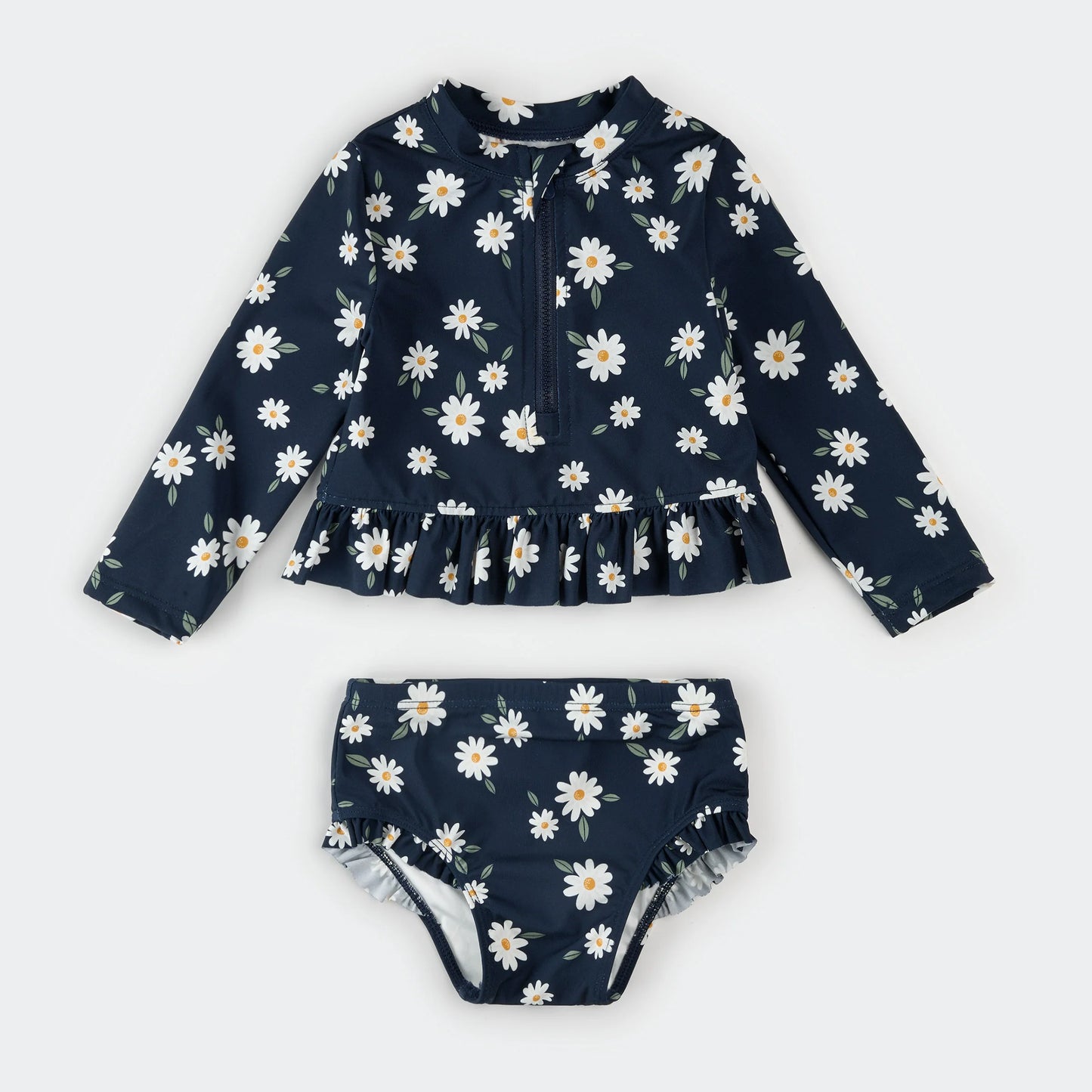 Daisies Print On Navy Long-Sleeve Rashguard Set