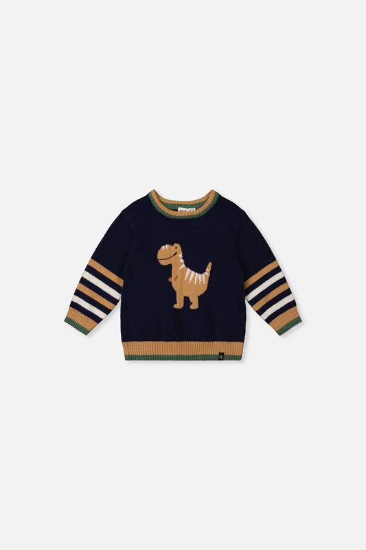 Baby Knit Sweater With Intarsia Dark Blue, Brown And Beige