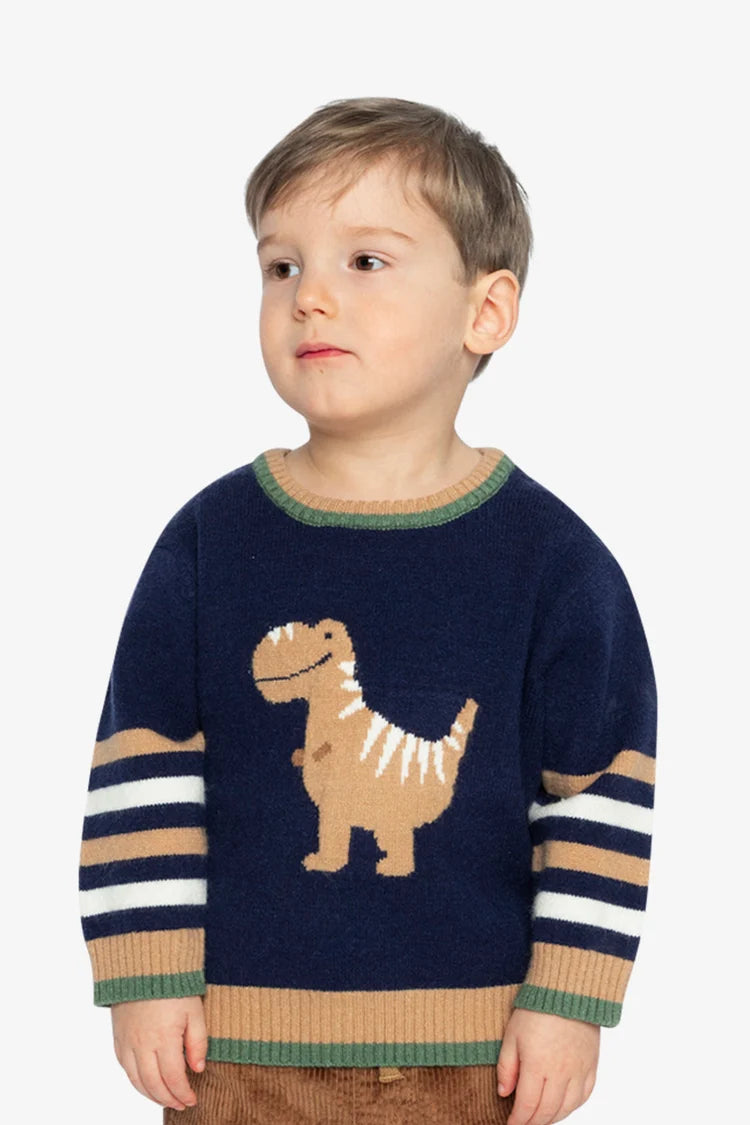 toddler Knit Sweater With Intarsia Dark Blue, Brown And Beige