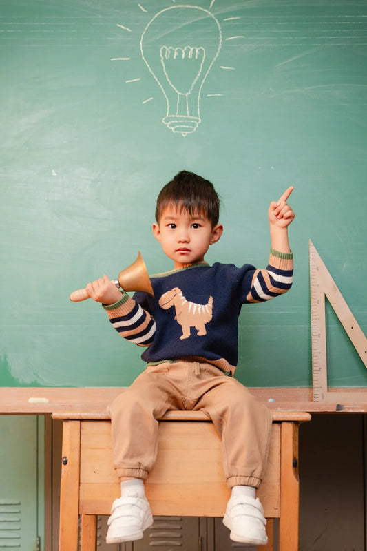toddler Knit Sweater With Intarsia Dark Blue, Brown And Beige