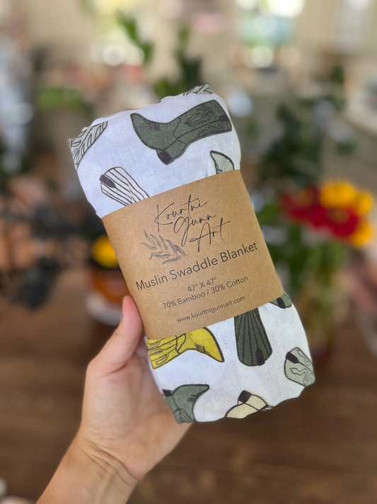 Swaddle baby blanket  - Cowboy Boot - Kourtni Gunn Art