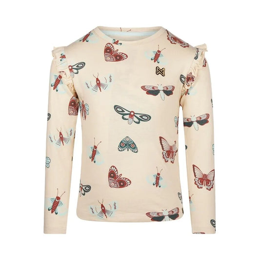 Long Sleeve Ruffle Tee - Off White Butterfly