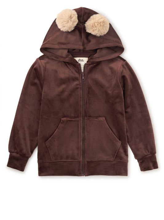 Pom Pom Ear Velour Hoodie - Chocolate