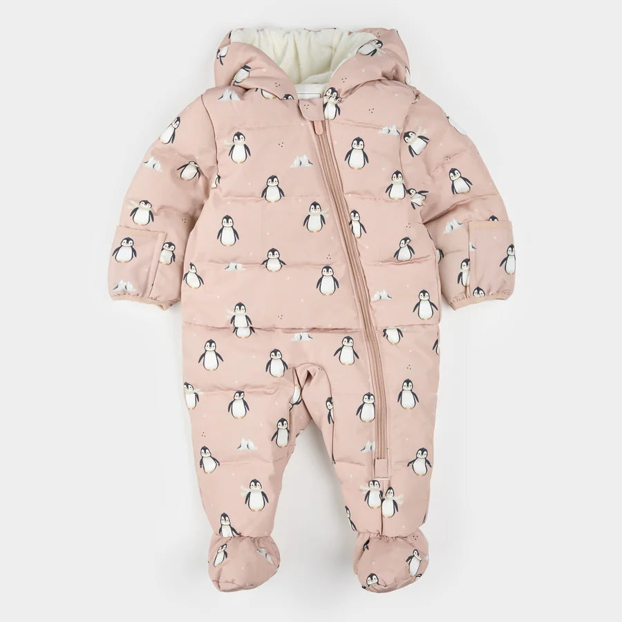 Penguins Print on Dusty Pink Hooded Baby Snowsuit
