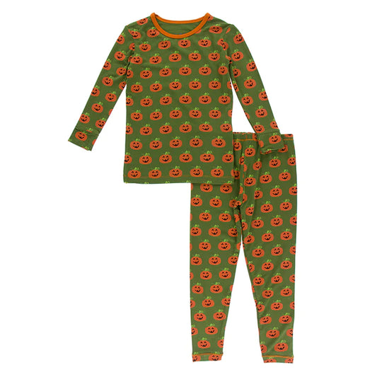 Two Piece Long Sleeve Pajama Set - Moss Jack-o-Lantern